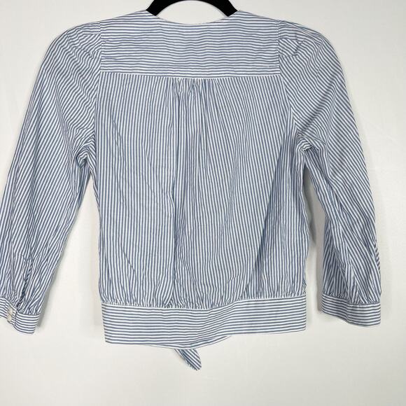 Madewell 2XS Blue White Striped Wrap Tie Blouse Top 3/4 Sleeves Cotton VNeck - Picture 2 of 11